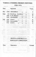 Vassall cricket 1974 - evening fixturess